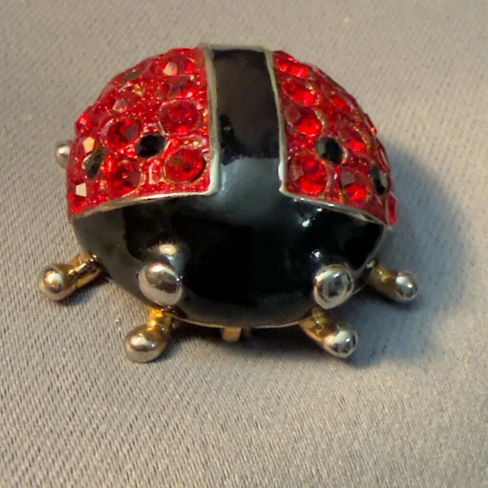 Ladybug Brooch Red Rhinestones Domed Vintage Pin 1.5